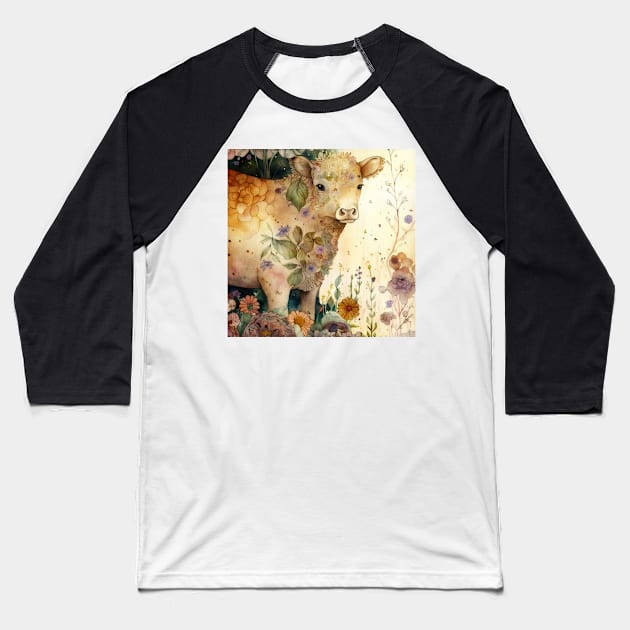 Cow, Watercolor Farm Animals Baseball T-Shirt by Dream and Design